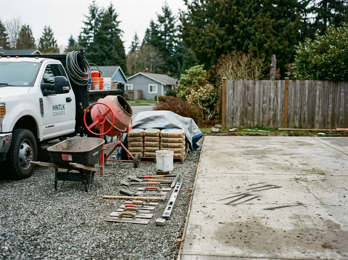 Concrete work tools and materials on a job site, showcasing the equipment and setup used for residential concrete projects.