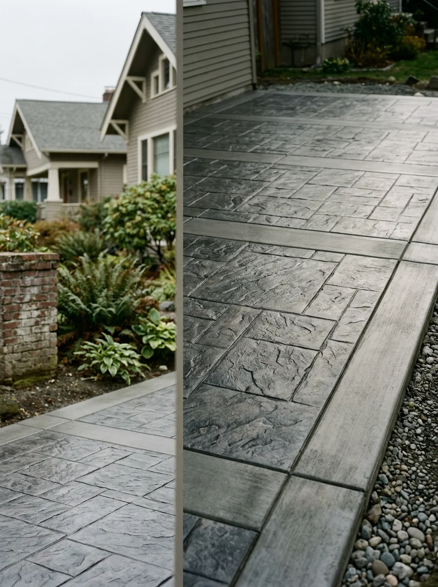 Stamped concrete patio on a tight urban lot in the Edmonds Bowl neighborhood, showing a decorative pattern with a clean brushed border and proper drainage slope.