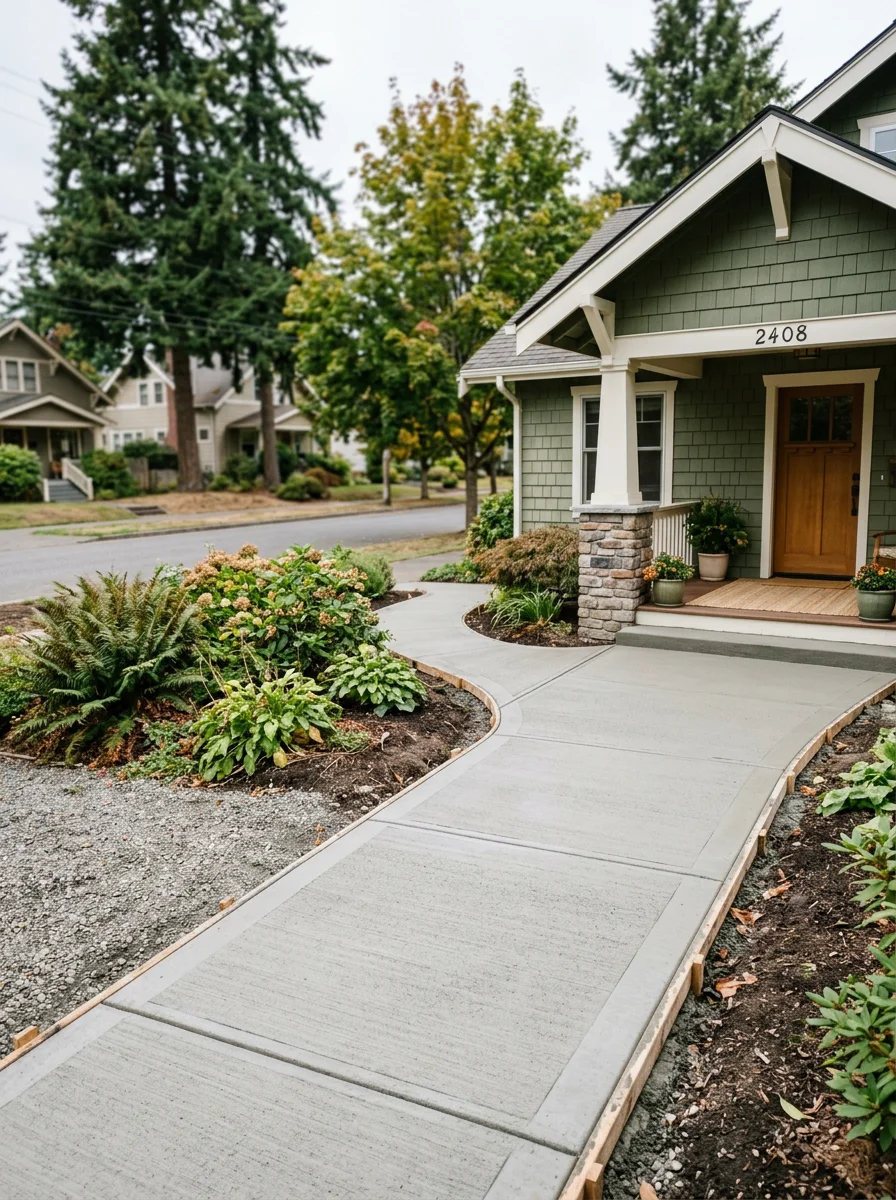 New concrete walkway at a Craftsman-style home in Everett's Riverside neighborhood, showing fresh broom-finish concrete with clean edge forms on a mature tree-lined lot.