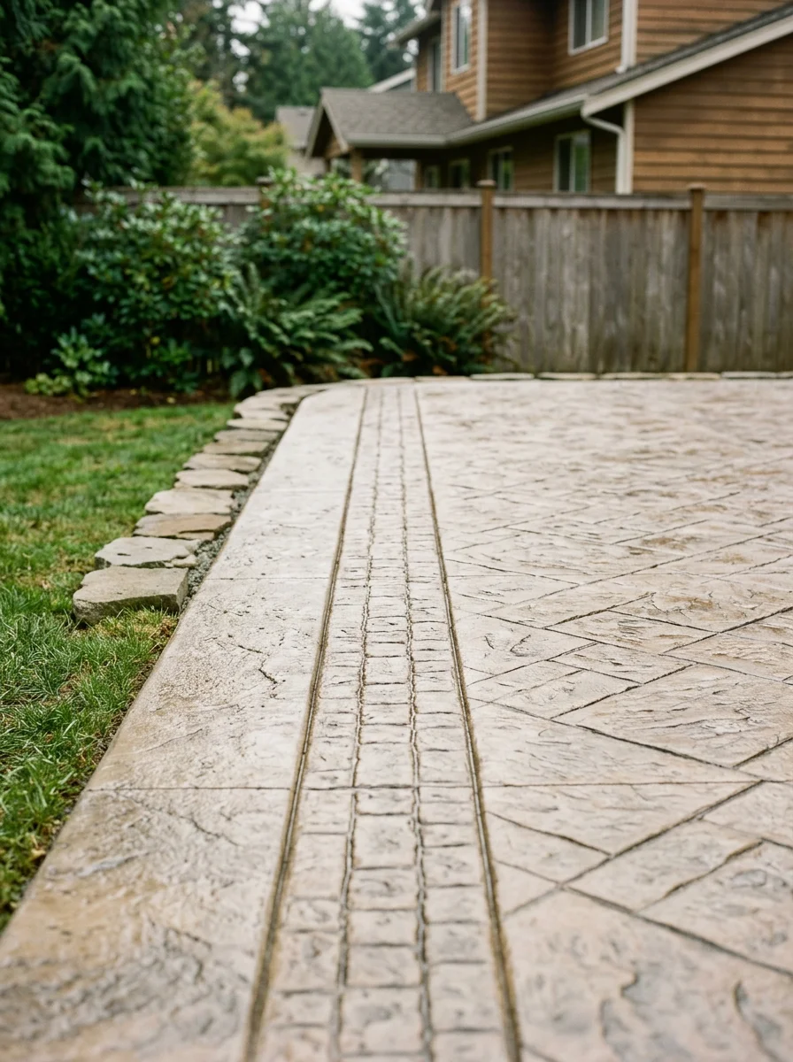 Concrete patio installation at a residential property in Lynnwood's Meadowdale area, showing a stamped concrete surface with a decorative border and proper drainage slope.
