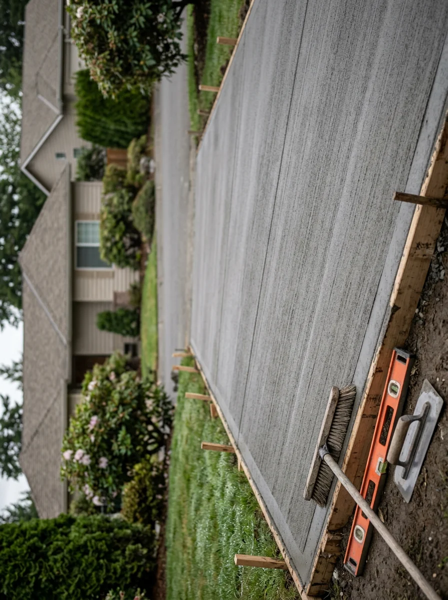 New concrete driveway at a planned residential home in Mill Creek, with fresh broom-finish concrete and clean edge forms on a longer suburban lot.