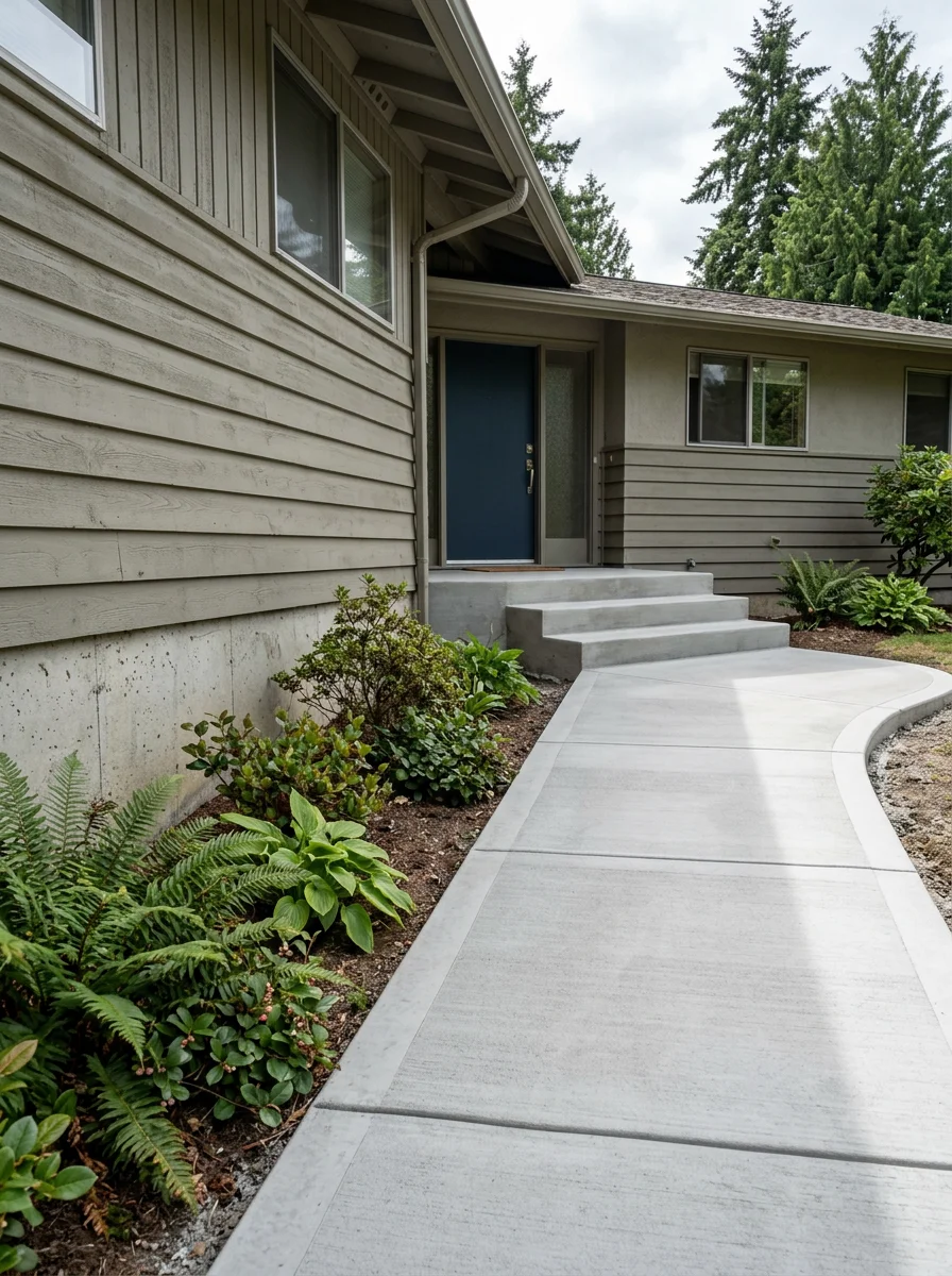 Concrete walkway and entry stairs at a mid-century split-level home in Mountlake Terrace, showing fresh concrete with a smooth trowel finish.