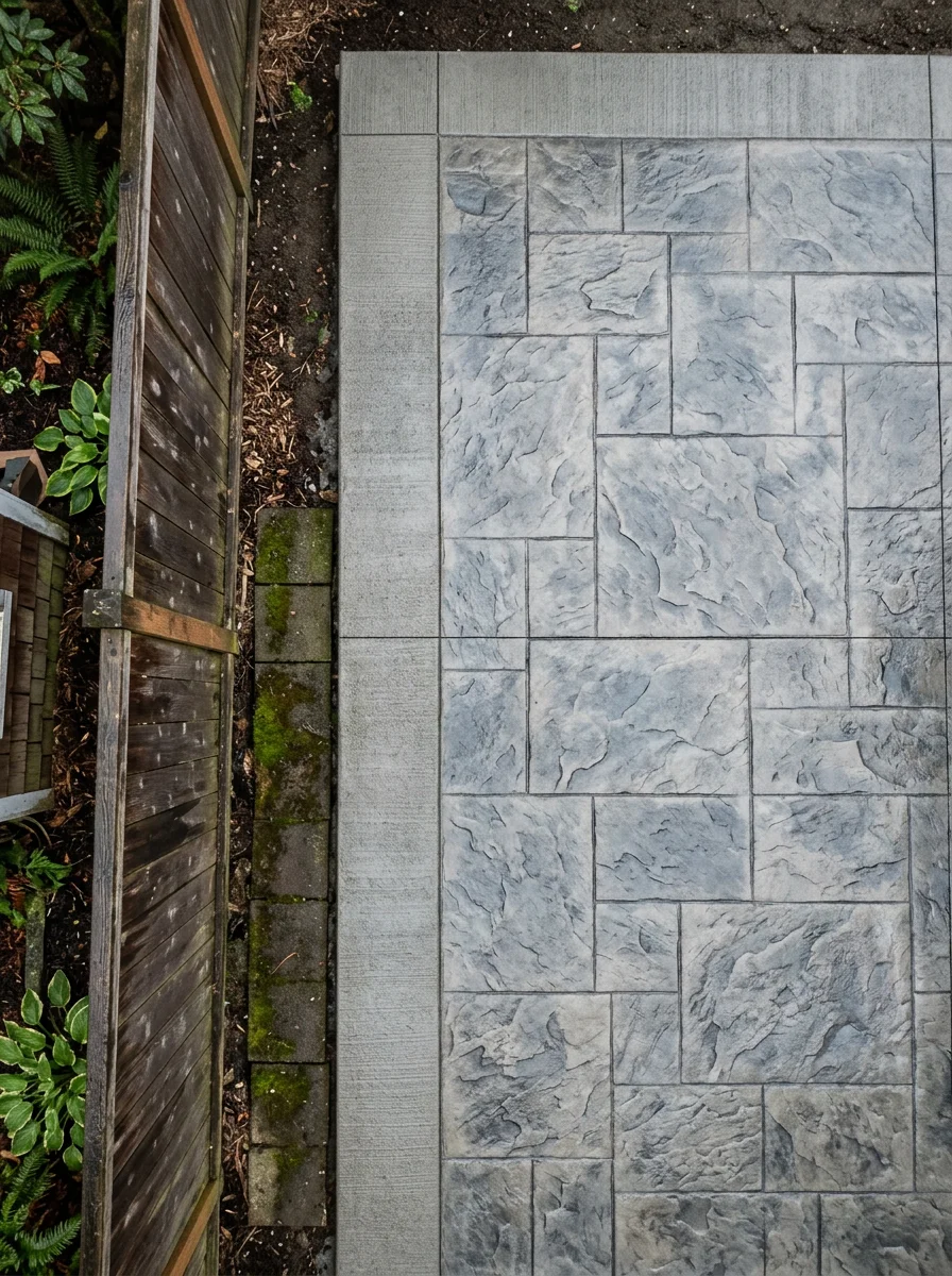 Close-up of a stamped concrete patio surface on a compact North Seattle lot, showing clean edge forms and a broom-finished border.