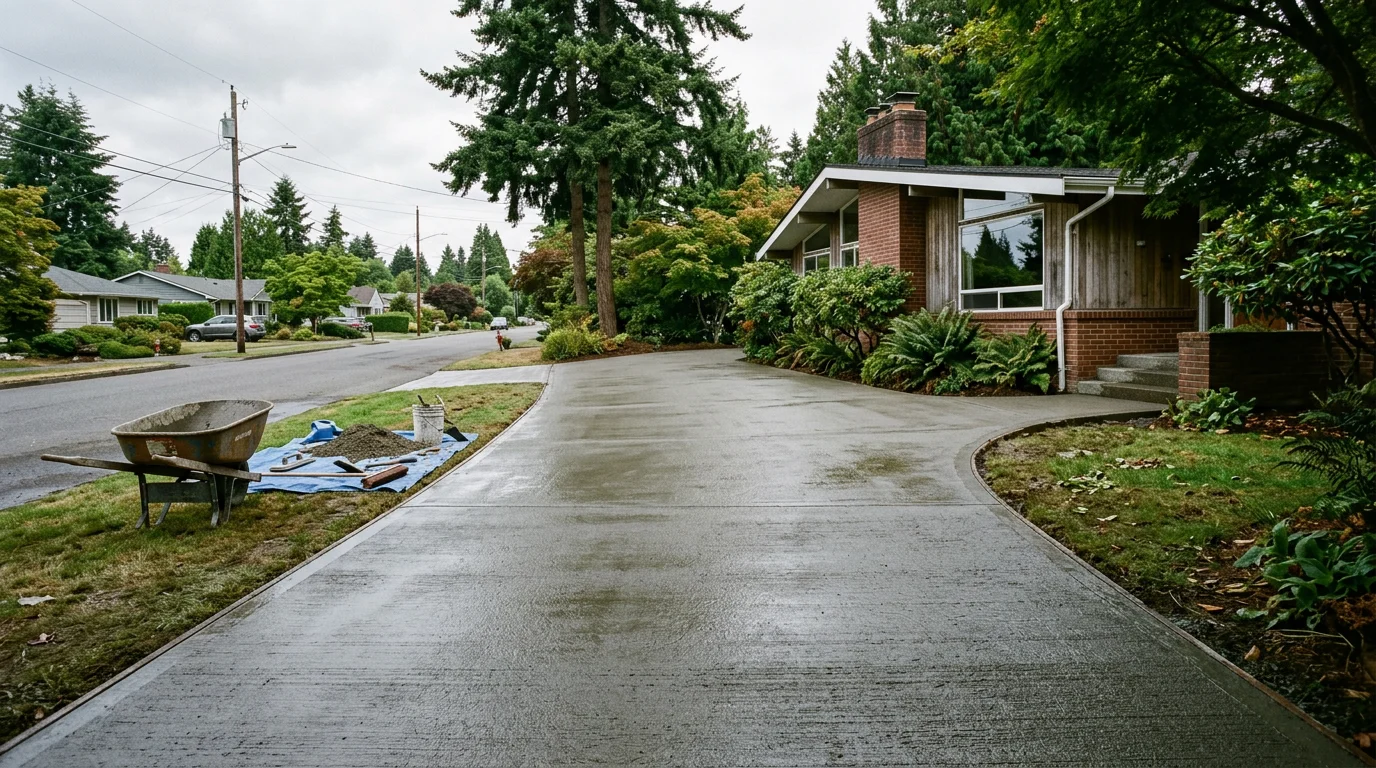 Freshly poured concrete driveway on a tree-lined residential street in North Seattle, with a mid-century single-family home in the background.