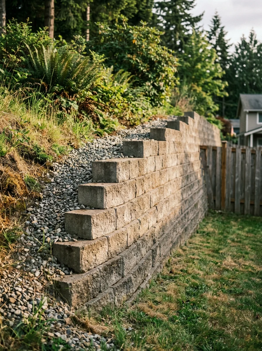 Concrete retaining wall on a sloped residential lot in the Richmond Beach area of Shoreline, showing stacked concrete block construction with a gravel drainage layer behind it.
