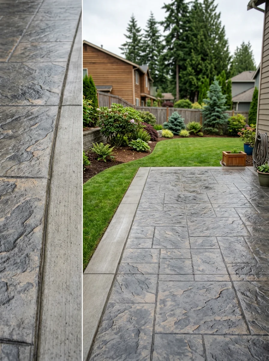 Stamped concrete patio at a residential property in Snohomish County, showing a decorative slate pattern with a clean brushed border.