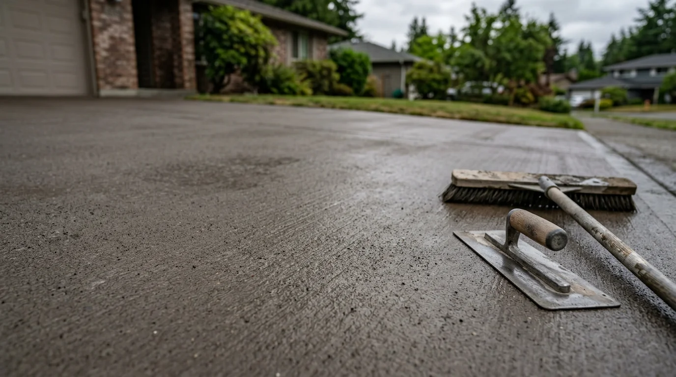 Freshly poured colored concrete driveway at a residential property in North Seattle, Washington, showing a warm earth-tone finish under overcast Pacific Northwest skies. The surface extends from the street to the garage with clean edges and a smooth broom finish.