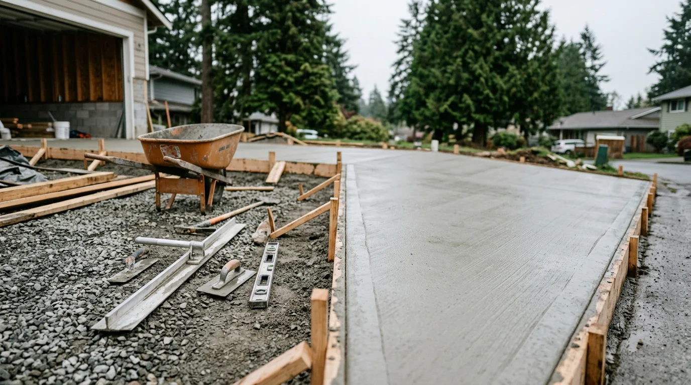 A freshly poured concrete driveway at a residential property in North Seattle, WA, with a smooth broom finish and clean edges leading to a garage. The surrounding landscape reflects the Pacific Northwest setting with green vegetation and overcast skies.