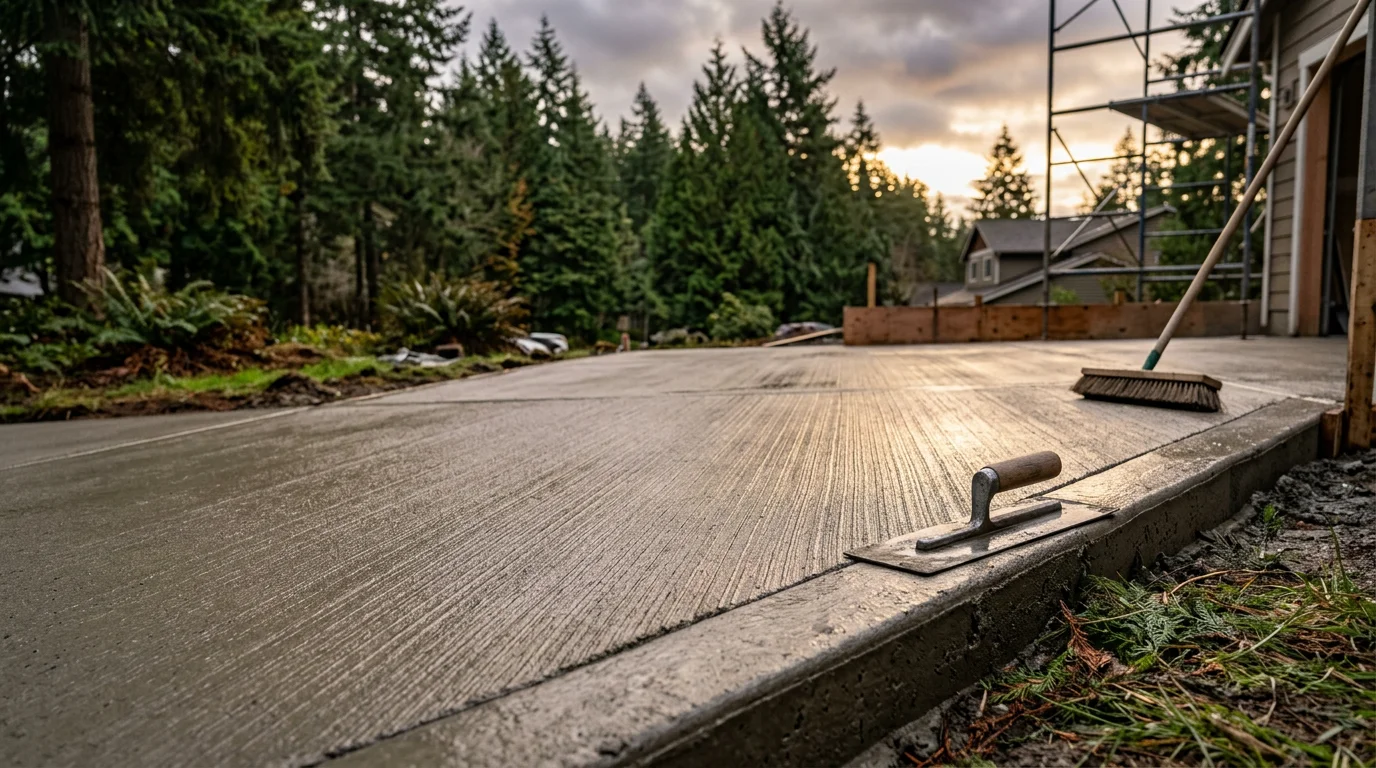 Freshly broom-finished concrete driveway outside a residential home in North Seattle, Washington. The textured gray surface shows clean, uniform lines with proper slope for water drainage.