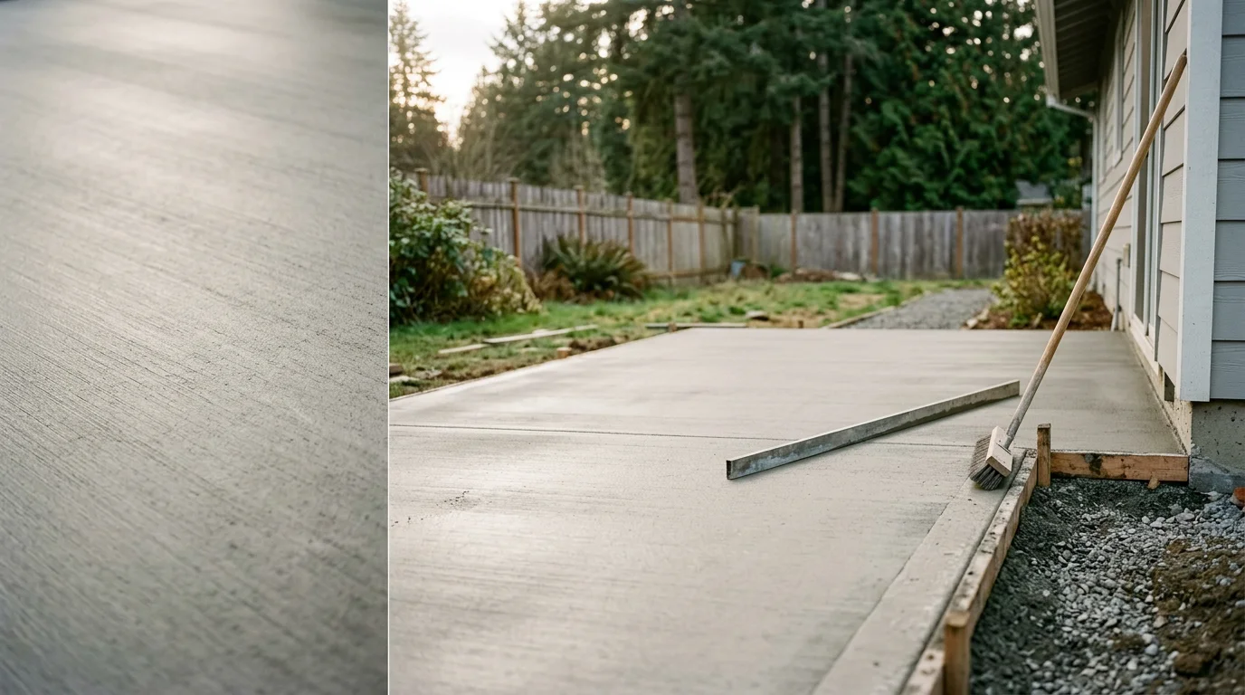 A freshly poured concrete patio with a smooth broom finish behind a residential home in North Seattle, Washington. The slab is set flush with the lawn edge and slopes gently away from the house foundation.