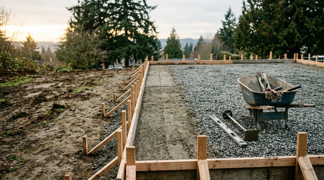 A freshly poured and finished concrete slab in a residential backyard in North Seattle, WA, with smooth troweled edges and a compacted gravel base visible at the perimeter. The slab is sized for a detached garage or shed structure on a typical Snohomish County residential lot.