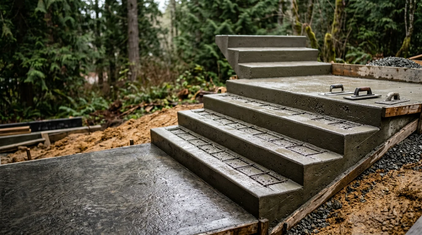 Newly poured concrete stairs with a broom finish leading to the front entry of a residential home in North Seattle. The stairs include a flat landing at the top and clean, even risers set against a green Pacific Northwest landscape.