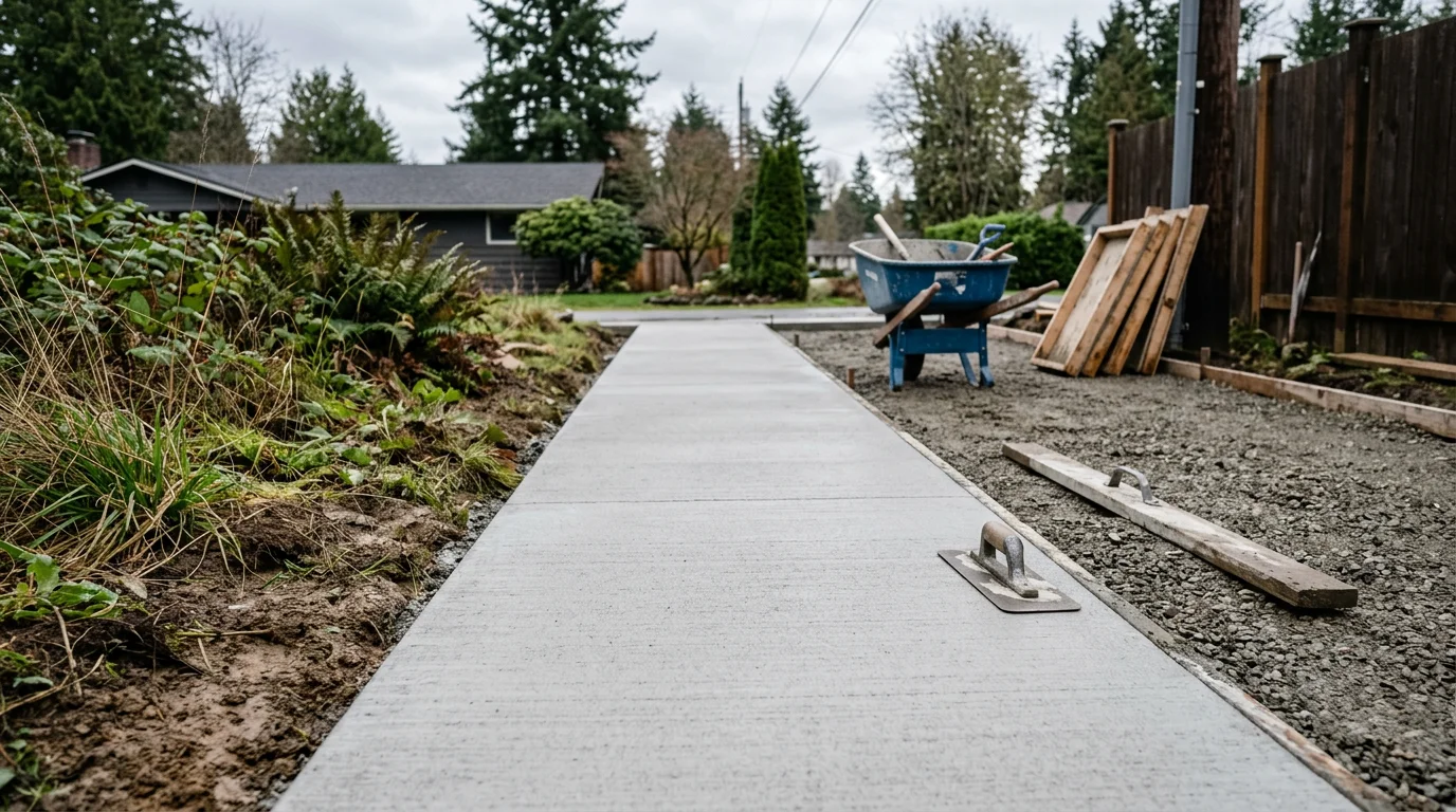 Freshly poured broom-finished concrete walkway leading to the front entry of a residential home in North Seattle, WA. The path runs alongside a green lawn with overcast Pacific Northwest skies in the background.