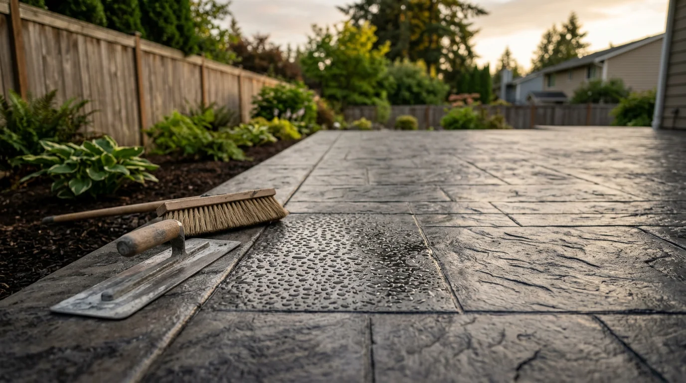 Stamped decorative concrete patio with textured stone-pattern finish installed at a residential home in North Seattle, Washington. Close view shows defined pattern detail and sealed surface suited for the Pacific Northwest climate.