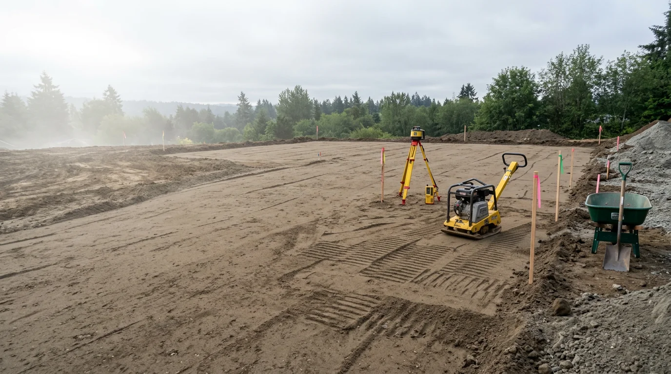 Excavated and compacted building site in North Seattle, Washington, with graded subbase ready for foundation formwork. Clay soil has been cut to depth and the lot is sloped away from the foundation footprint for drainage.