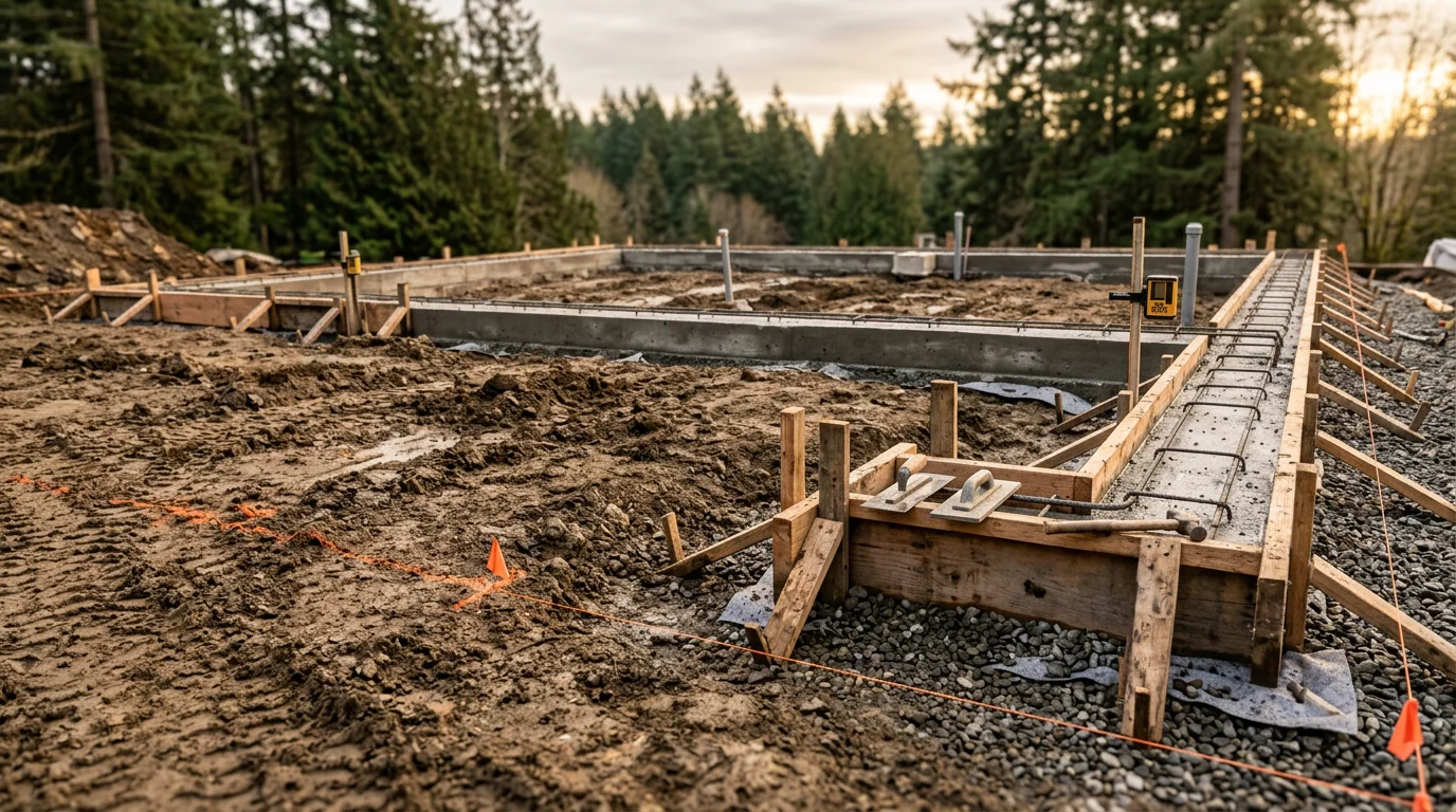 Freshly poured concrete foundation footings for a new home build on a residential lot in North Seattle, Washington. Rebar and form boards are visible along the perimeter, with surrounding Pacific Northwest tree cover in the background.