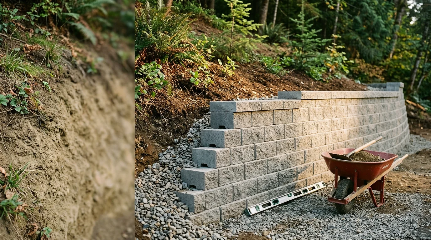 A finished concrete retaining wall holding back a steep residential slope in North Seattle, WA, with a leveled yard area visible above the wall. The surrounding terrain shows the clay-heavy hillside soil common across Snohomish County properties.