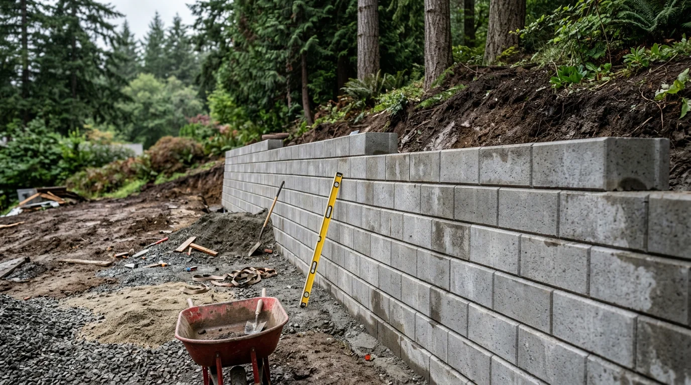 A finished concrete retaining wall holding back a steep residential slope on a North Seattle hillside property. The wall creates a level yard area above a clay-soil grade typical of Snohomish County neighborhoods.