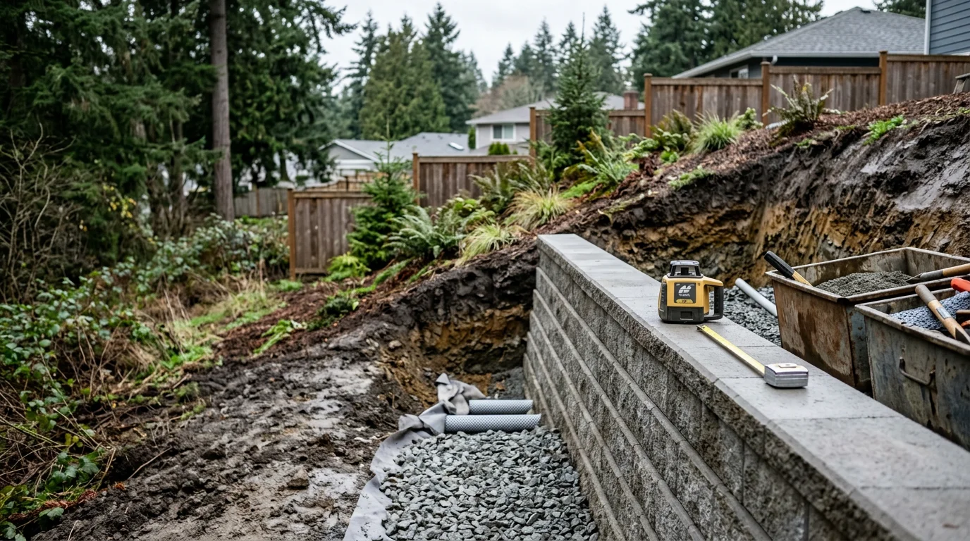 A stabilized concrete hillside on a residential property in North Seattle, Washington, showing a secured slope with graded soil and structural support work along a steep backyard grade. Close view of finished slope stabilization work protecting a home foundation from erosion on a wet Pacific Northwest hillside.