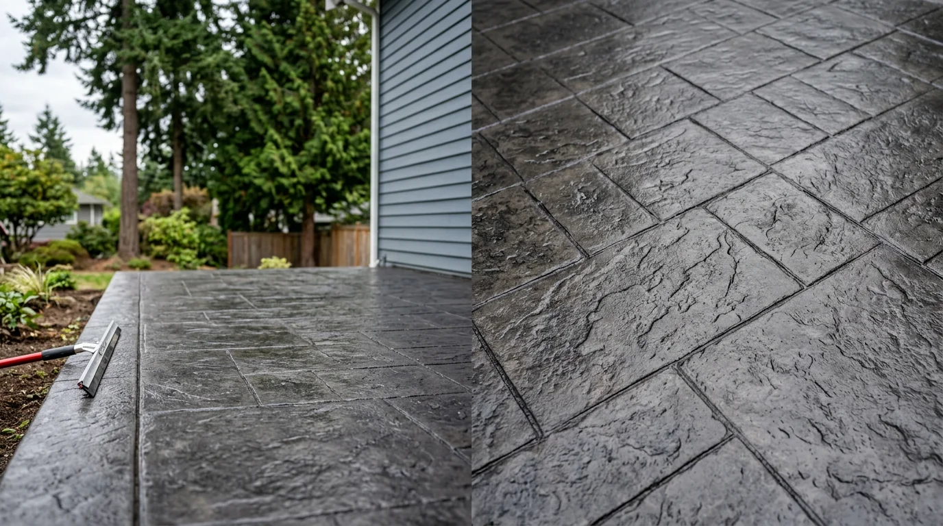 Stamped concrete surface with a stone-pattern texture and warm earth-tone coloring on a residential property in North Seattle, WA. The sealed finish shows clean pattern impressions across the full slab with no gaps or weed growth.